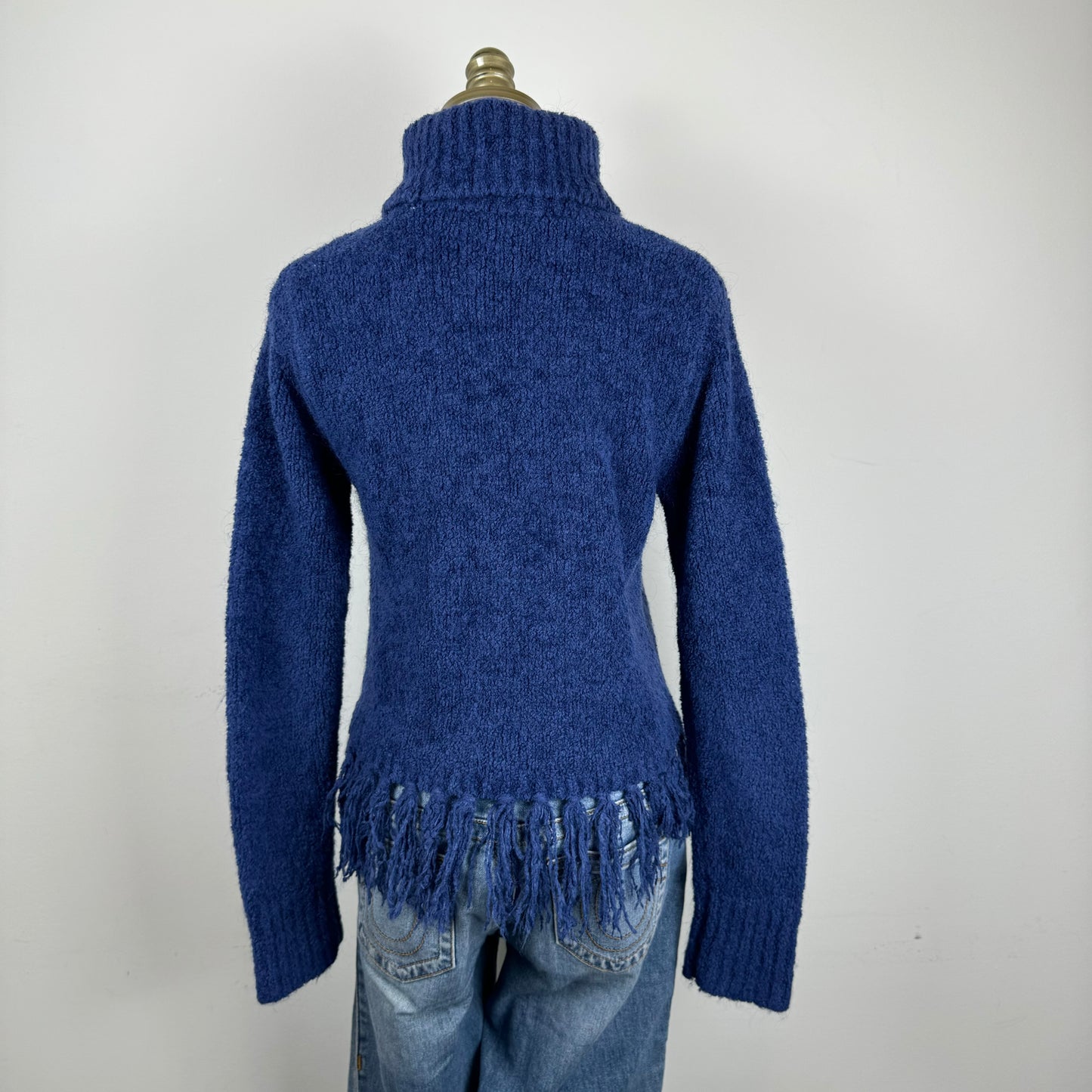 Dark Blue/Purple Turtleneck Sweater with Fringe Hem