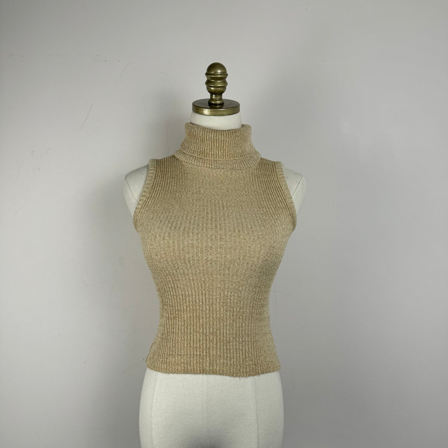 Vintage Beige Ribbed Knit Sleeveless Turtleneck Top