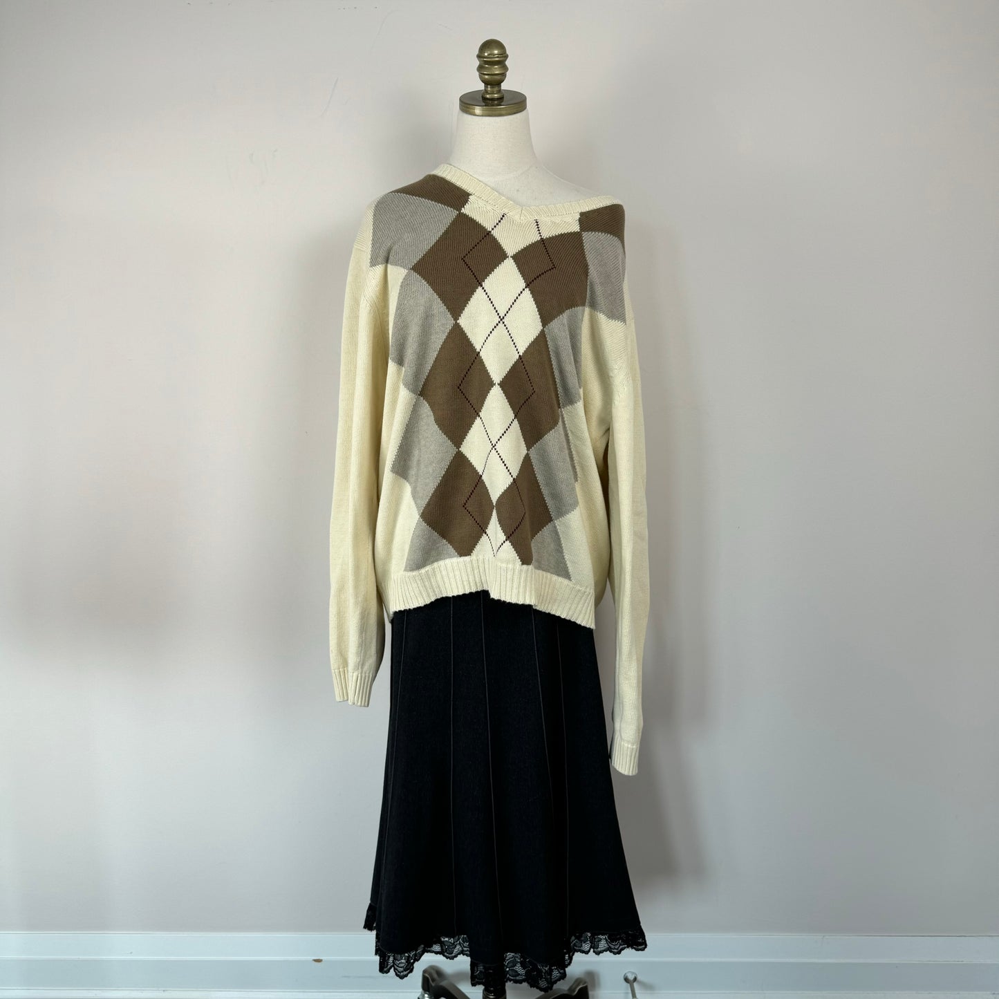 Vintage Cream Argyle Oversized Sweater