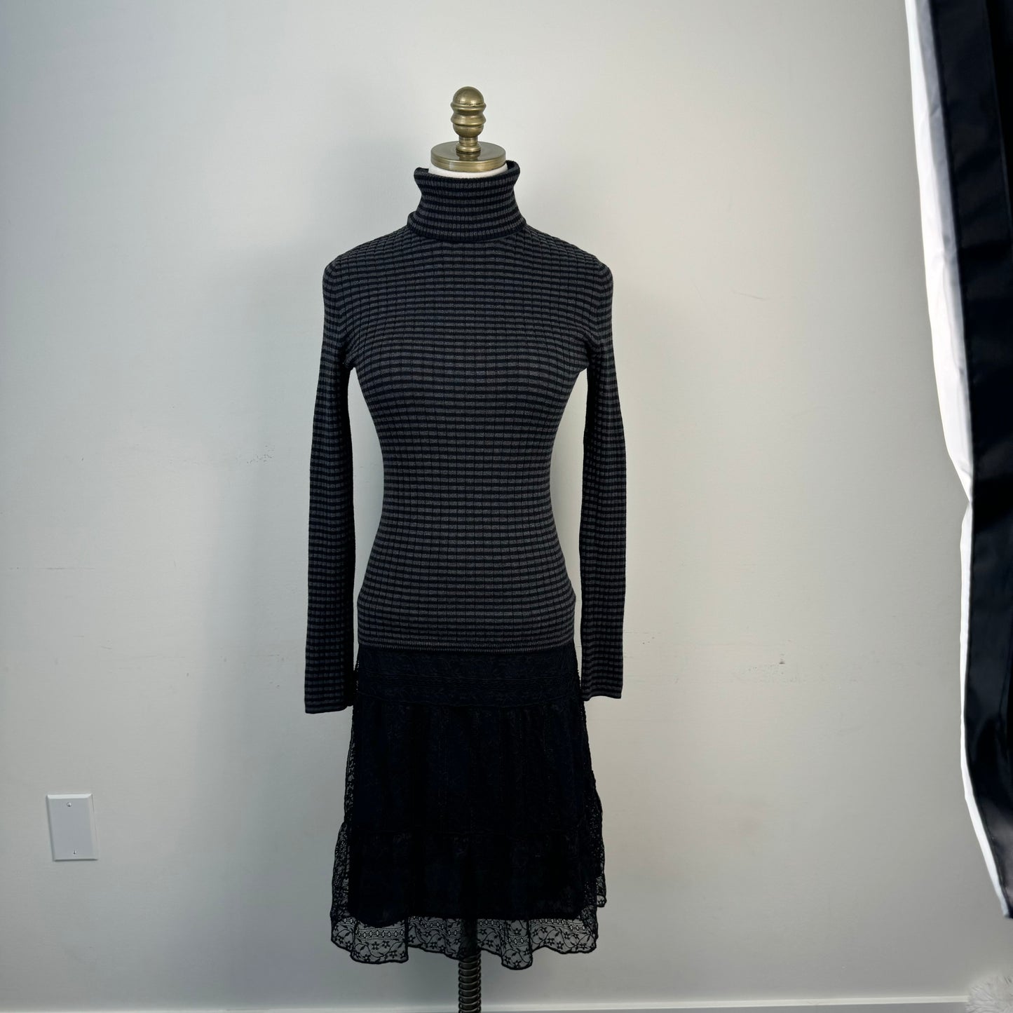 Black and Grey Striped Fitted Turtleneck Sweater