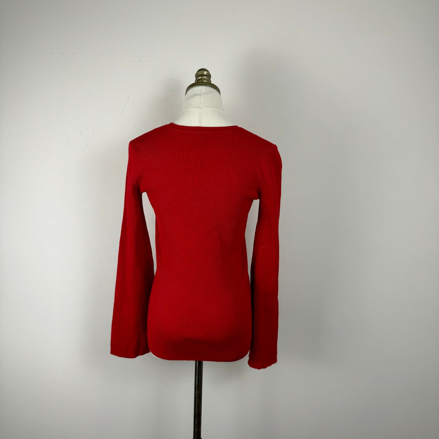 Red Fitted Ribbed Sweater with Bell Sleeves