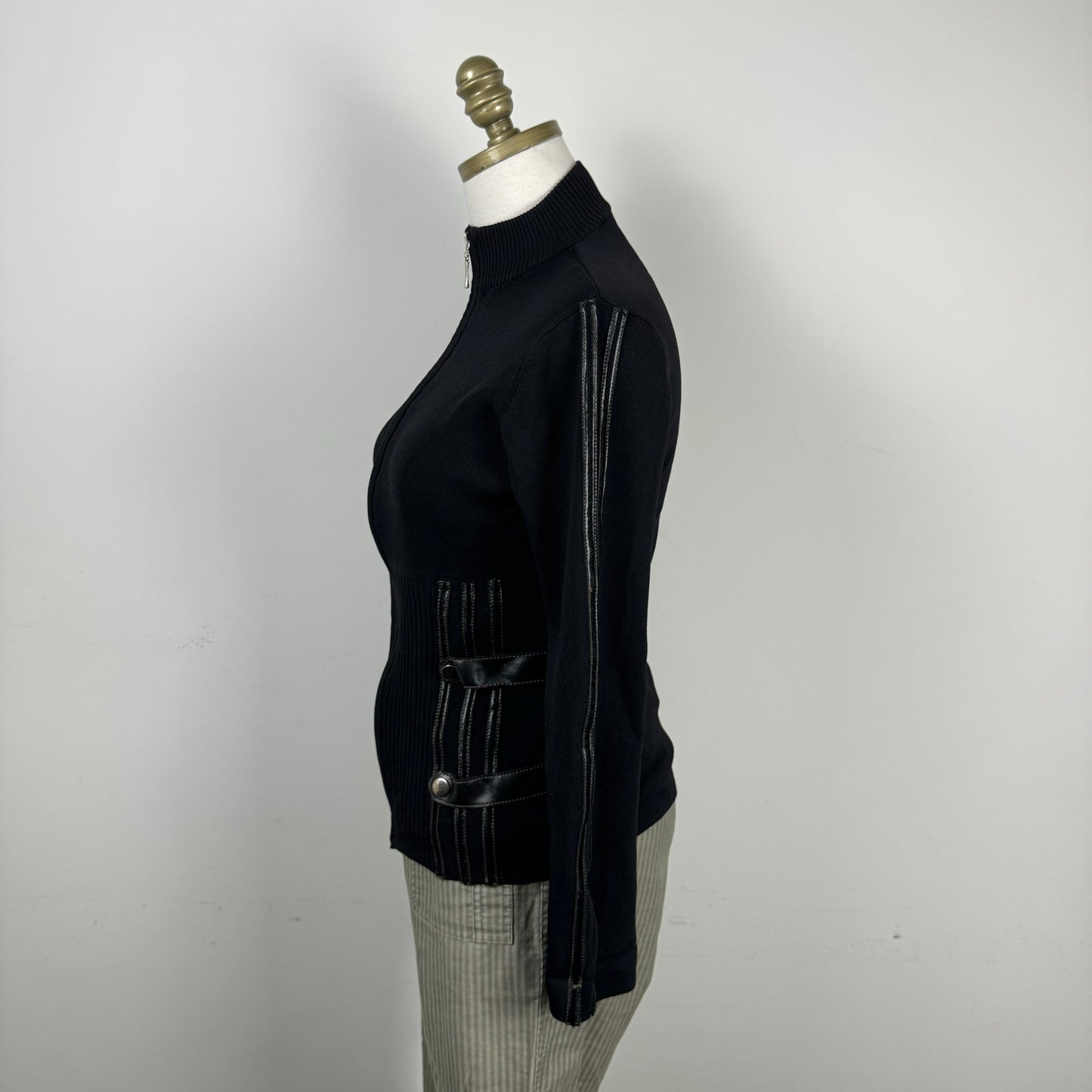 Black Fitted Zip Up Sweater Buckle Detail