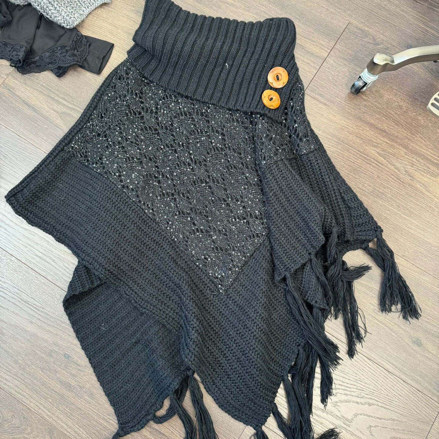Black Knit Poncho with Brown Buttons