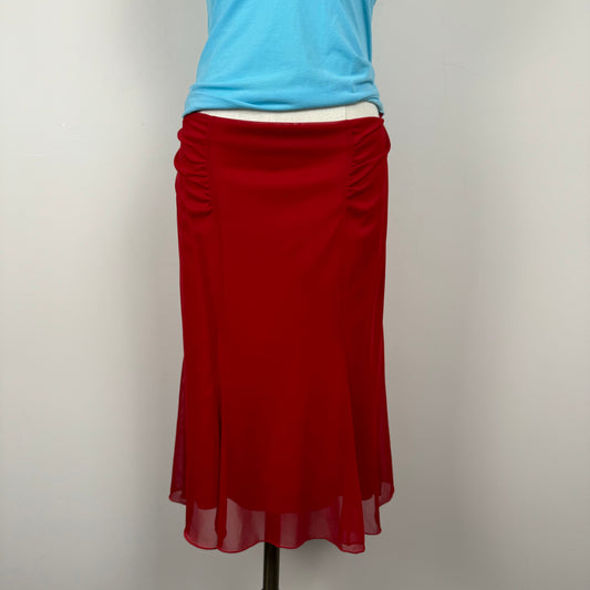 Vintage Red Mesh Overlay Midi Skirt