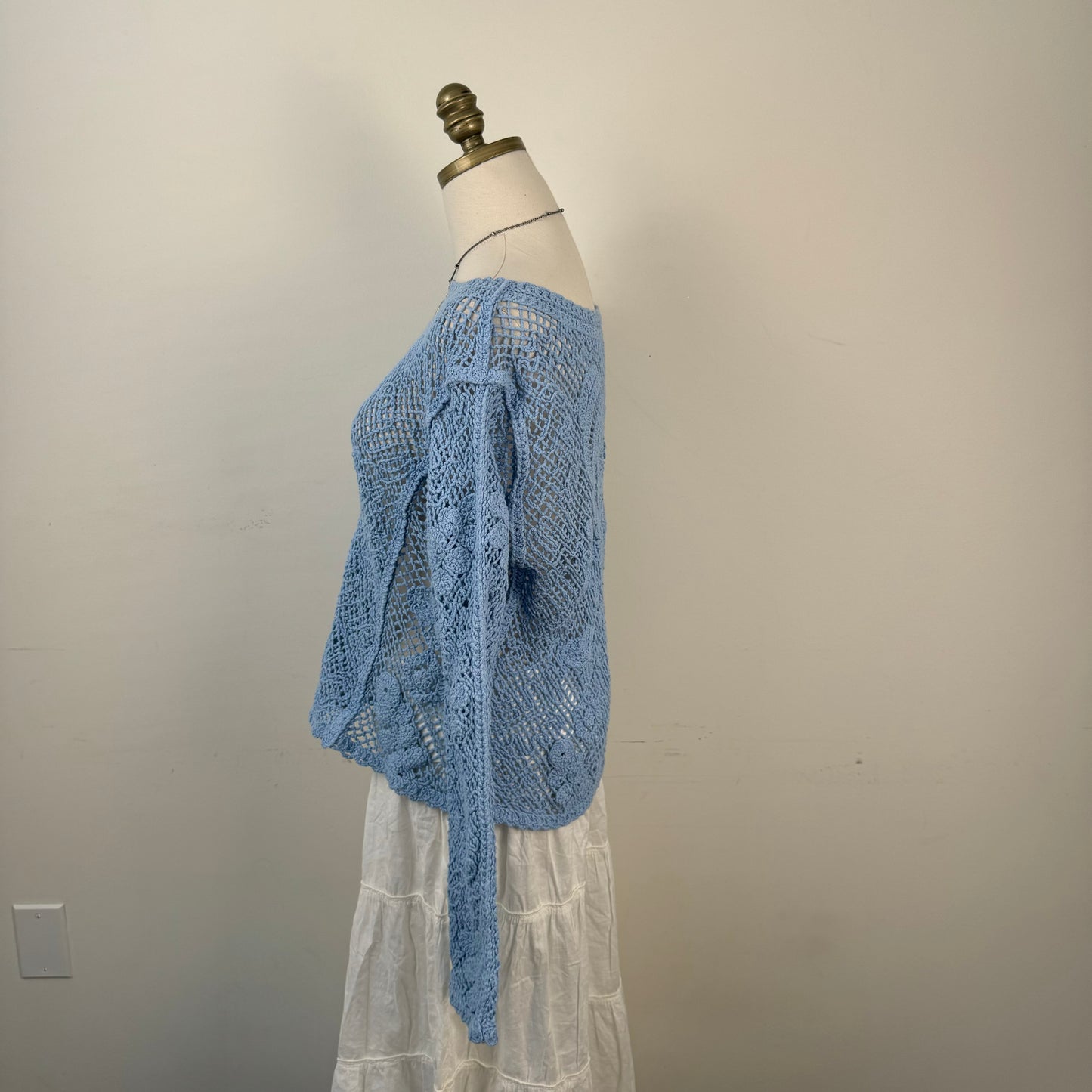 Blue Crochet Boat Neck Sweater