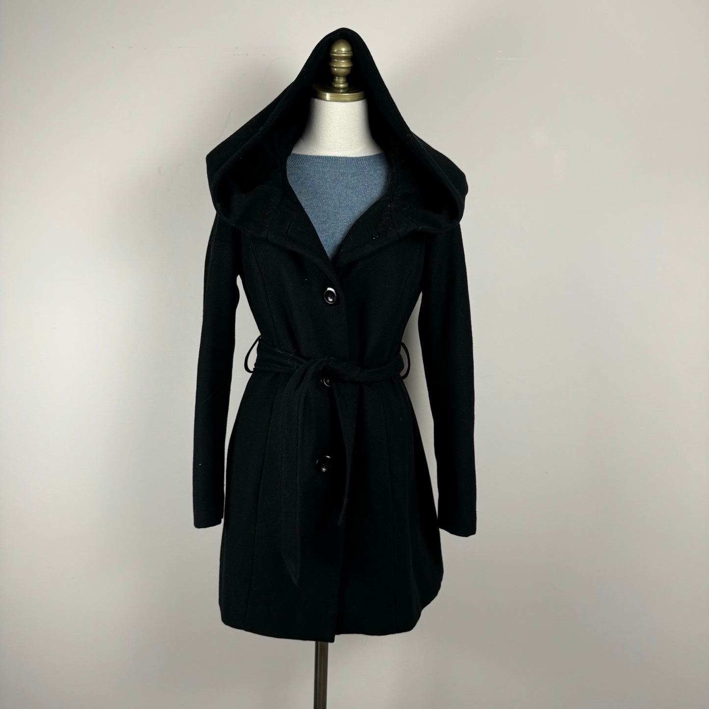 Vintage Black Long Hooded Trench Coat