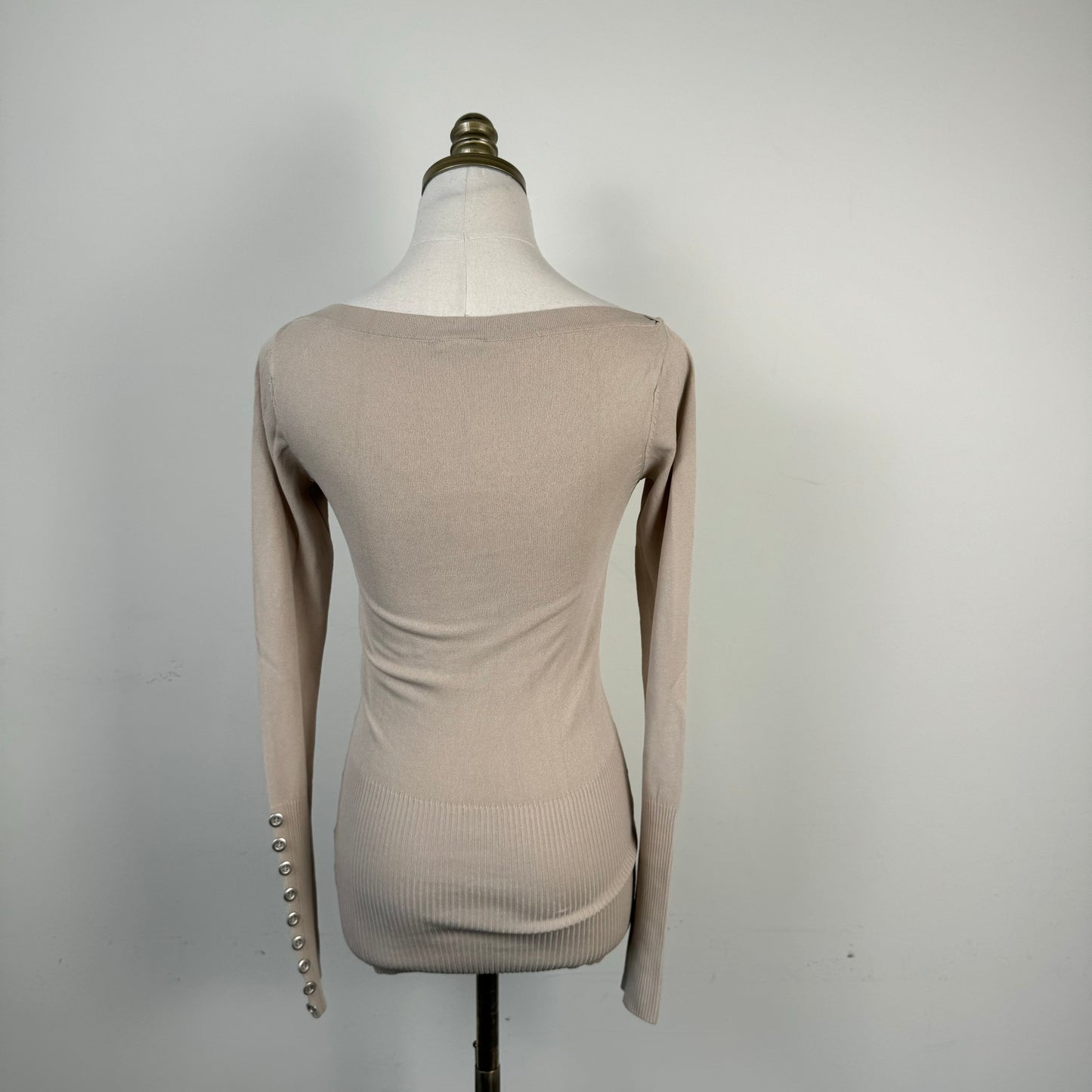 Beige Boat Neck Fitted Long Sleeve Knit Top