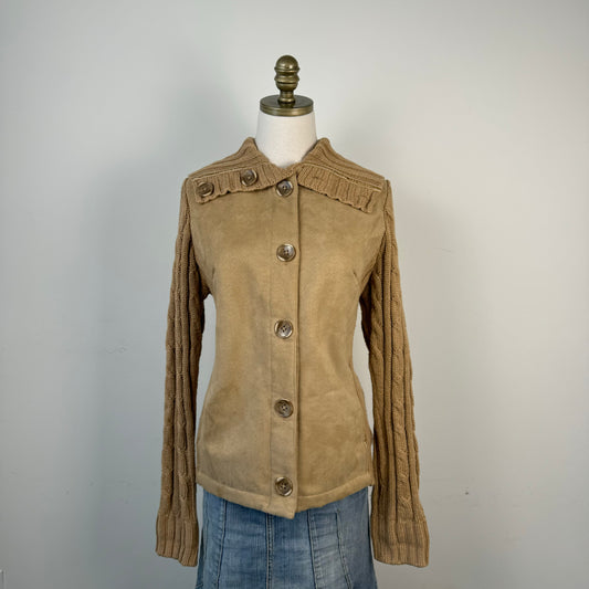 Vintage Tan Suede Cable Knit Button Up Jacket