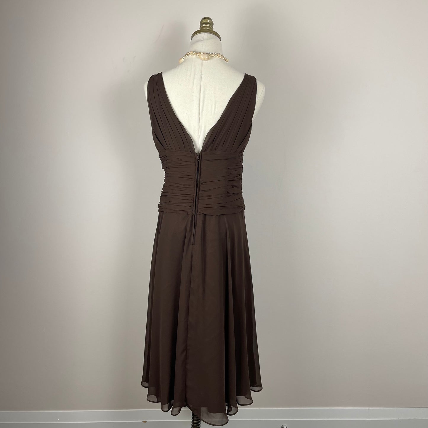 Vintage Brown Ruffled Drop-Waist Midi Dress