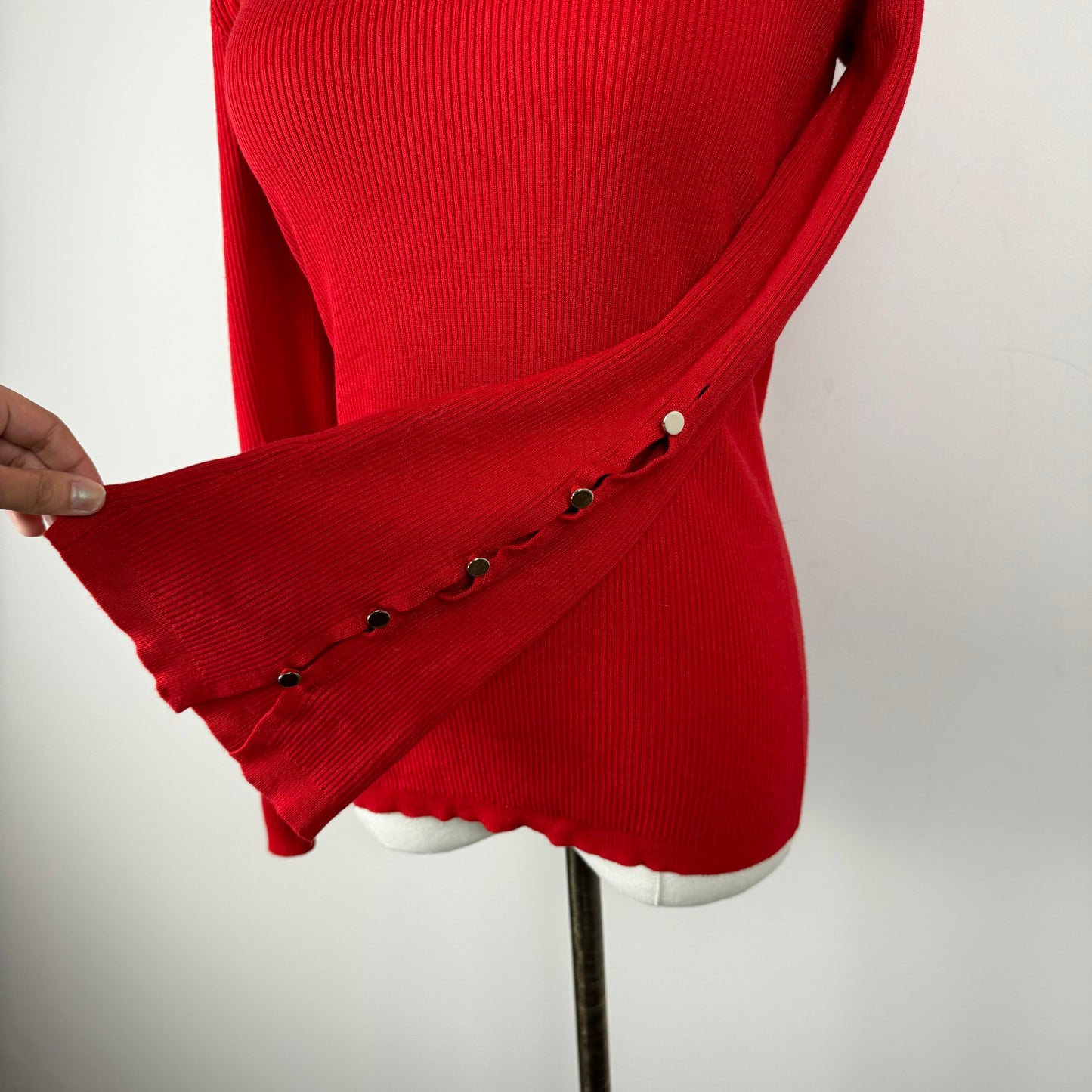 Red Fitted Ribbed Sweater with Bell Sleeves