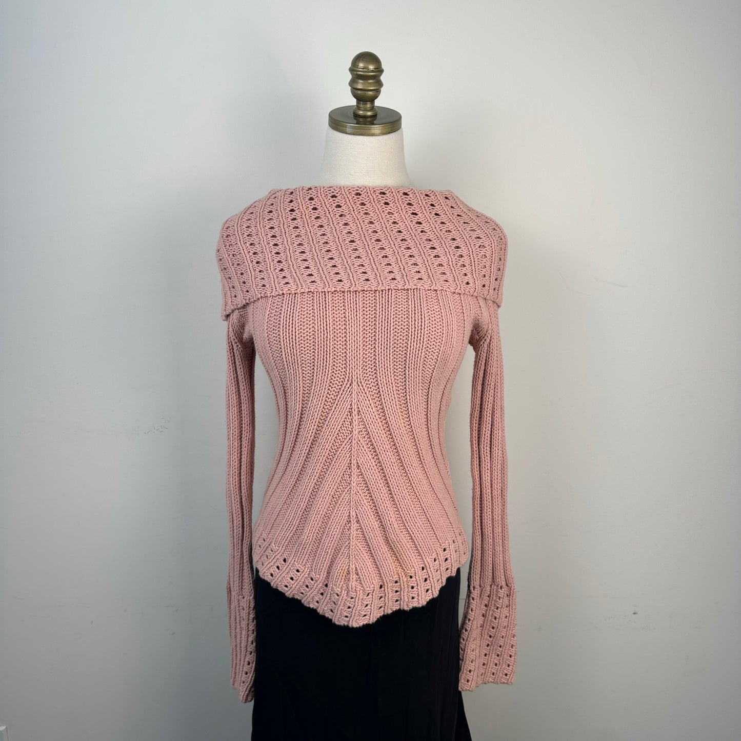 Powder Pink Fold Over Bell Sleeve Knit Sweater