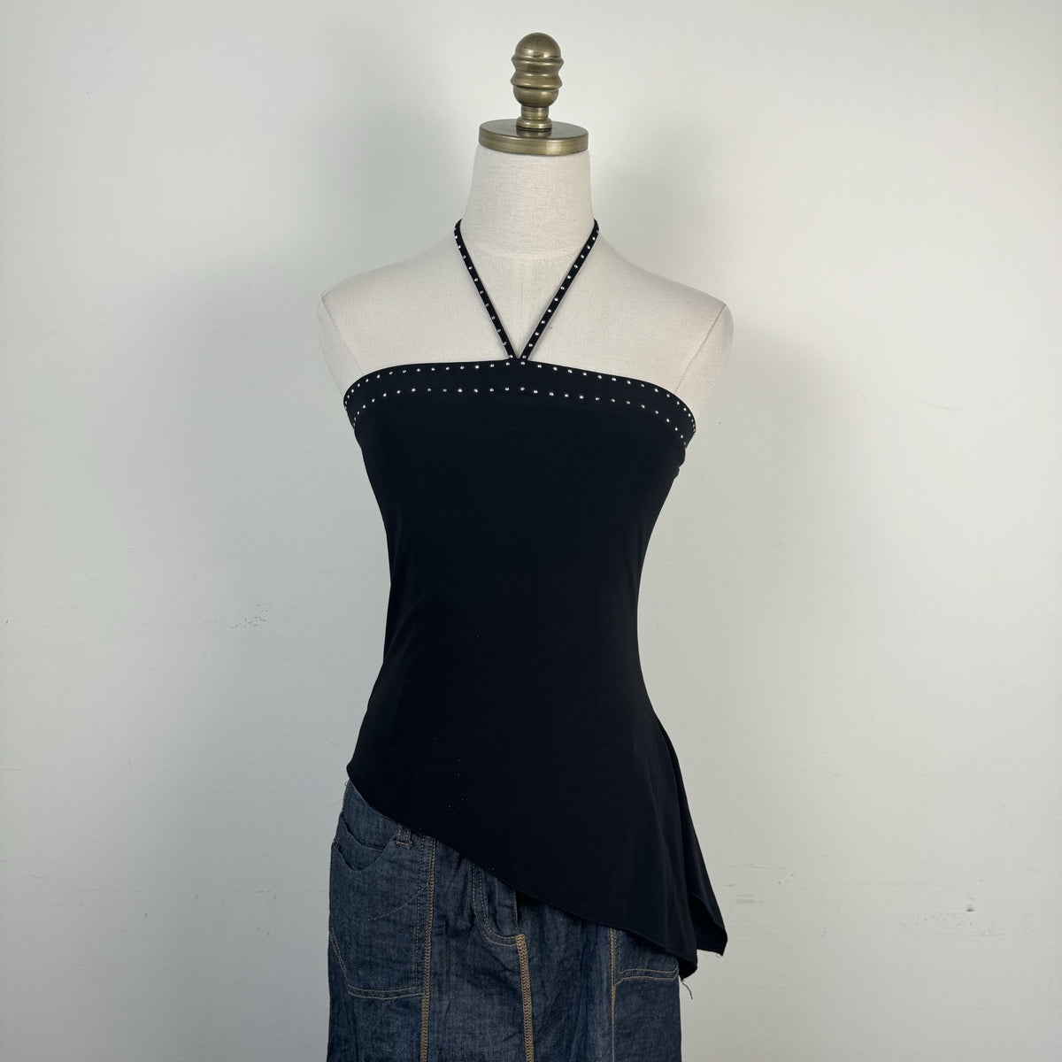 Vintage Black Rhinestone Halter Top with Asymmetric Hem