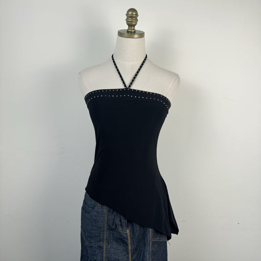 Vintage Black Rhinestone Halter Top with Asymmetric Hem