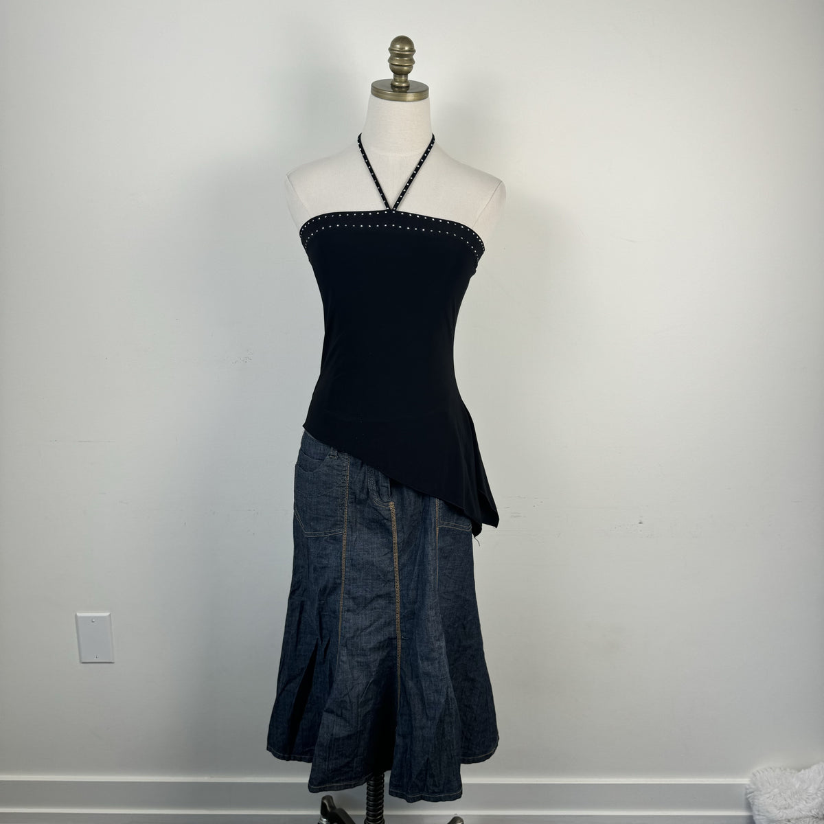 Vintage Black Rhinestone Halter Top with Asymmetric Hem – view 2