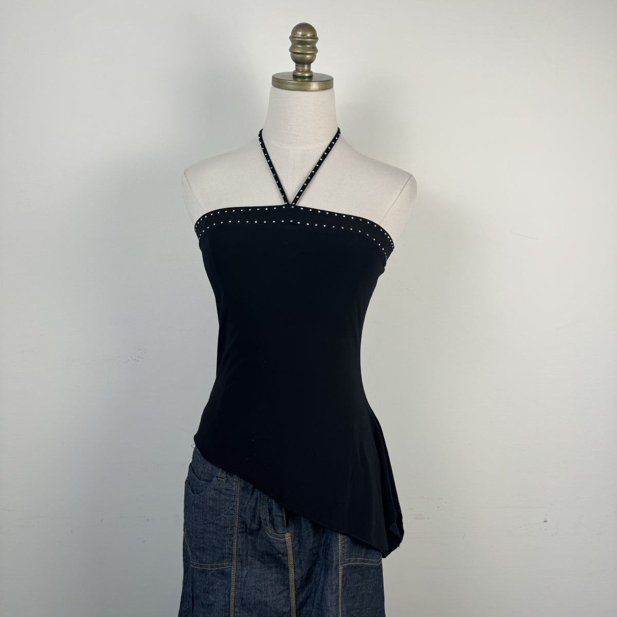 Vintage Black Rhinestone Halter Top with Asymmetric Hem – view 5