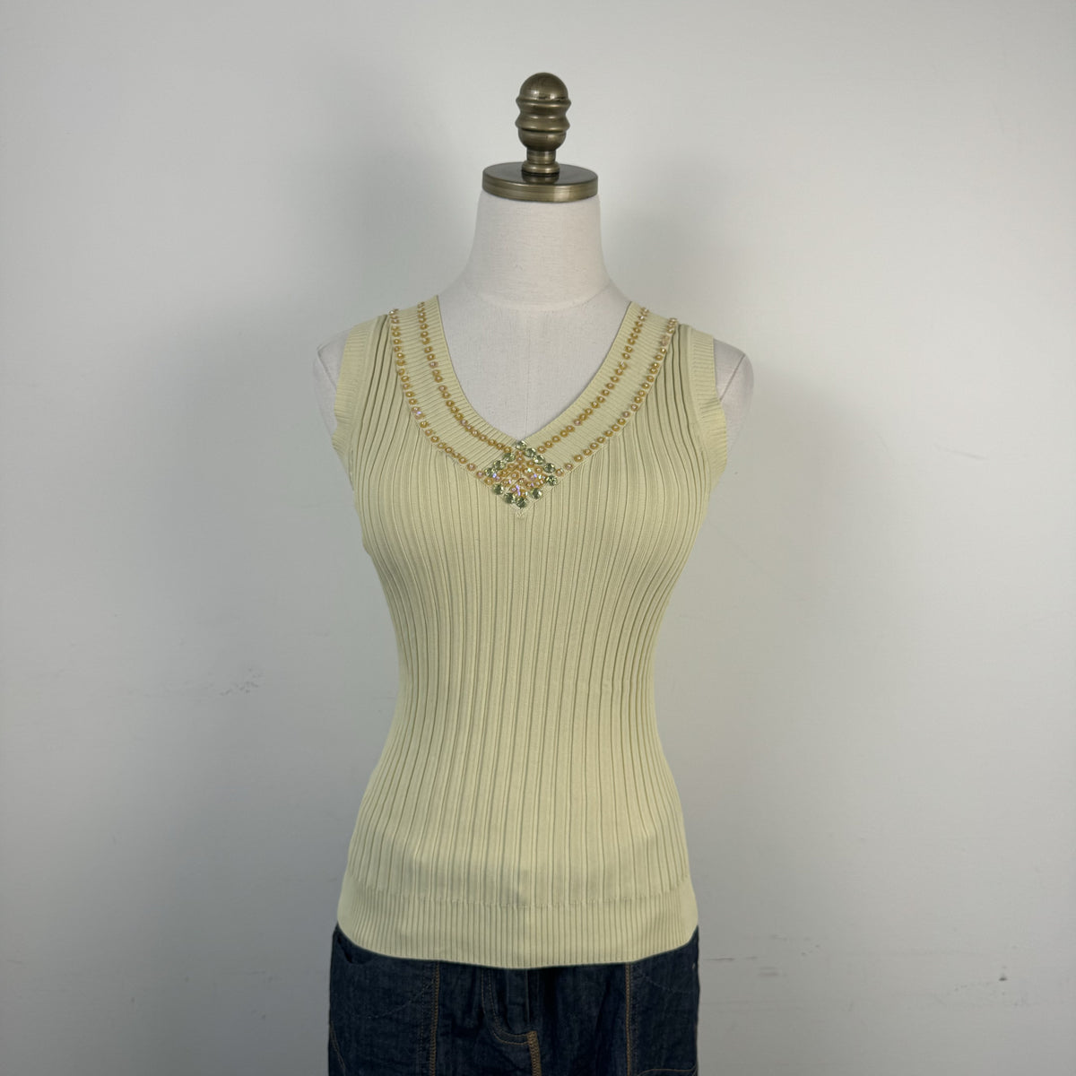 Cream Ribbed Fitted Knit Top with Gemstone Neckline Detail