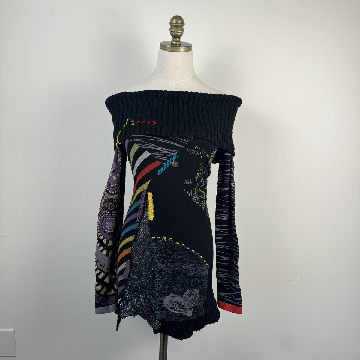 Desigual Vintage Off Shoulder Embroidered Sweater Mini Dress