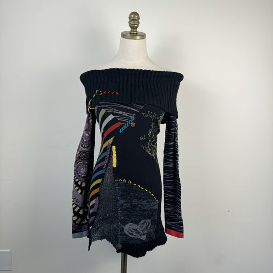 Desigual Vintage Off Shoulder Embroidered Sweater Mini Dress