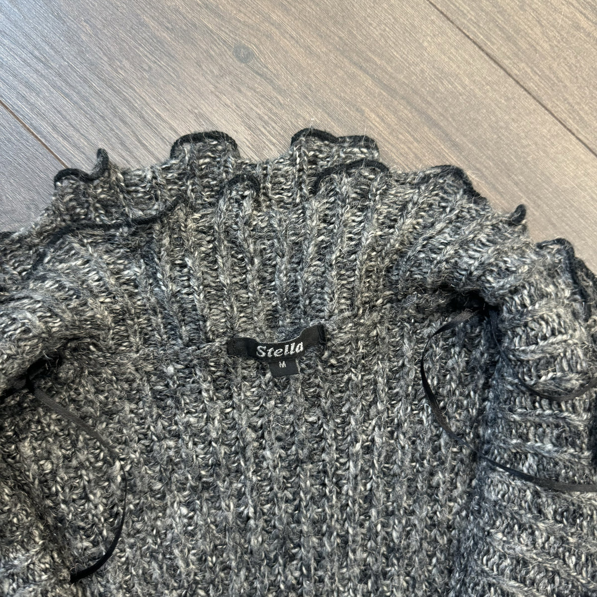 Grey Knit Open Front Tie Up Bell Sleeve Cardigan with Lettuce Trim – view 5