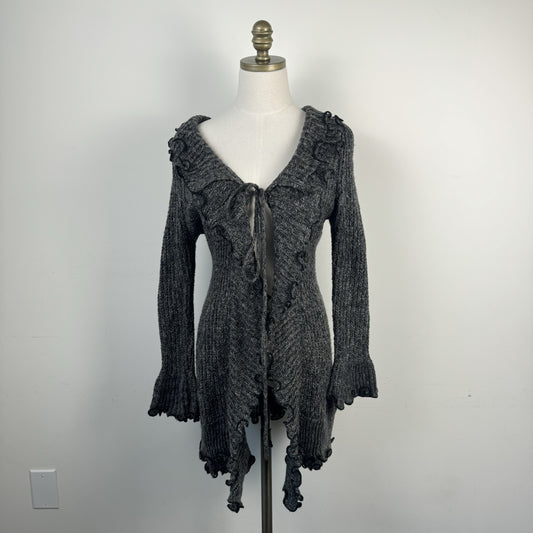 Grey Knit Open Front Tie Up Bell Sleeve Cardigan with Lettuce Trim
