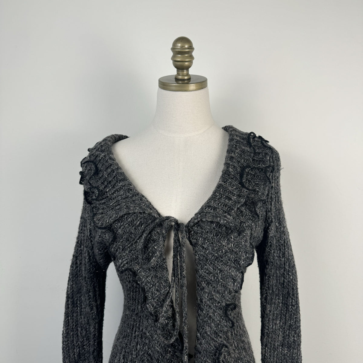 Grey Knit Open Front Tie Up Bell Sleeve Cardigan with Lettuce Trim – view 6