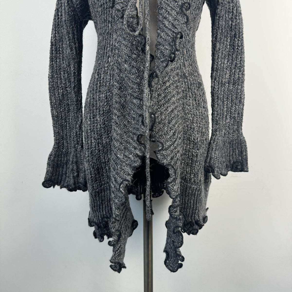 Grey Knit Open Front Tie Up Bell Sleeve Cardigan with Lettuce Trim – view 2