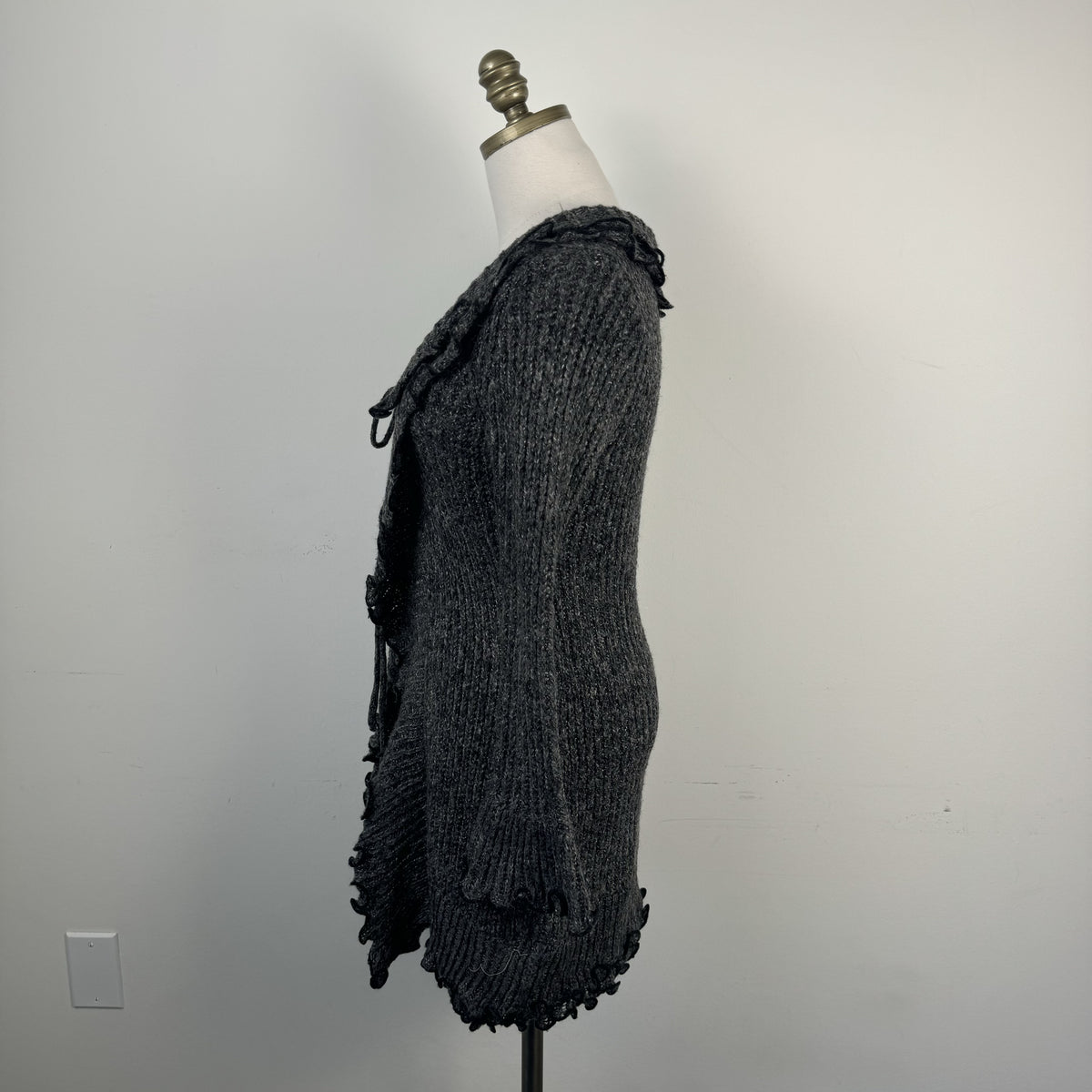 Grey Knit Open Front Tie Up Bell Sleeve Cardigan with Lettuce Trim – view 3