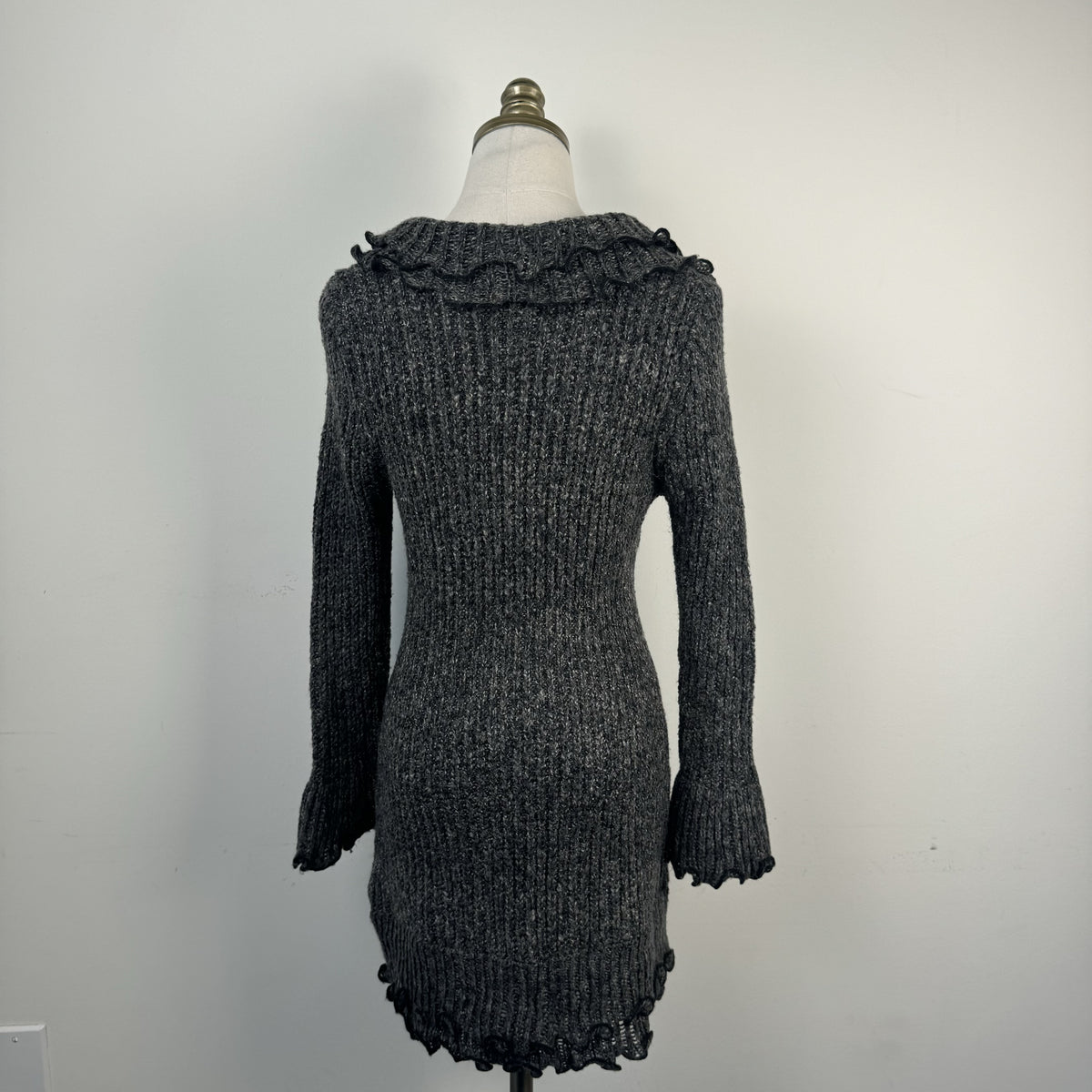 Grey Knit Open Front Tie Up Bell Sleeve Cardigan with Lettuce Trim – view 4
