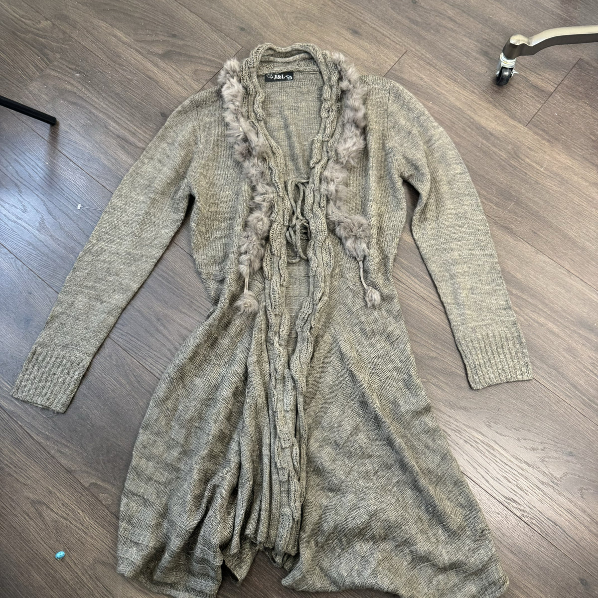 Vintage Grey Rabbit Fur Trim Open Front Tie Up Cardigan – view 11