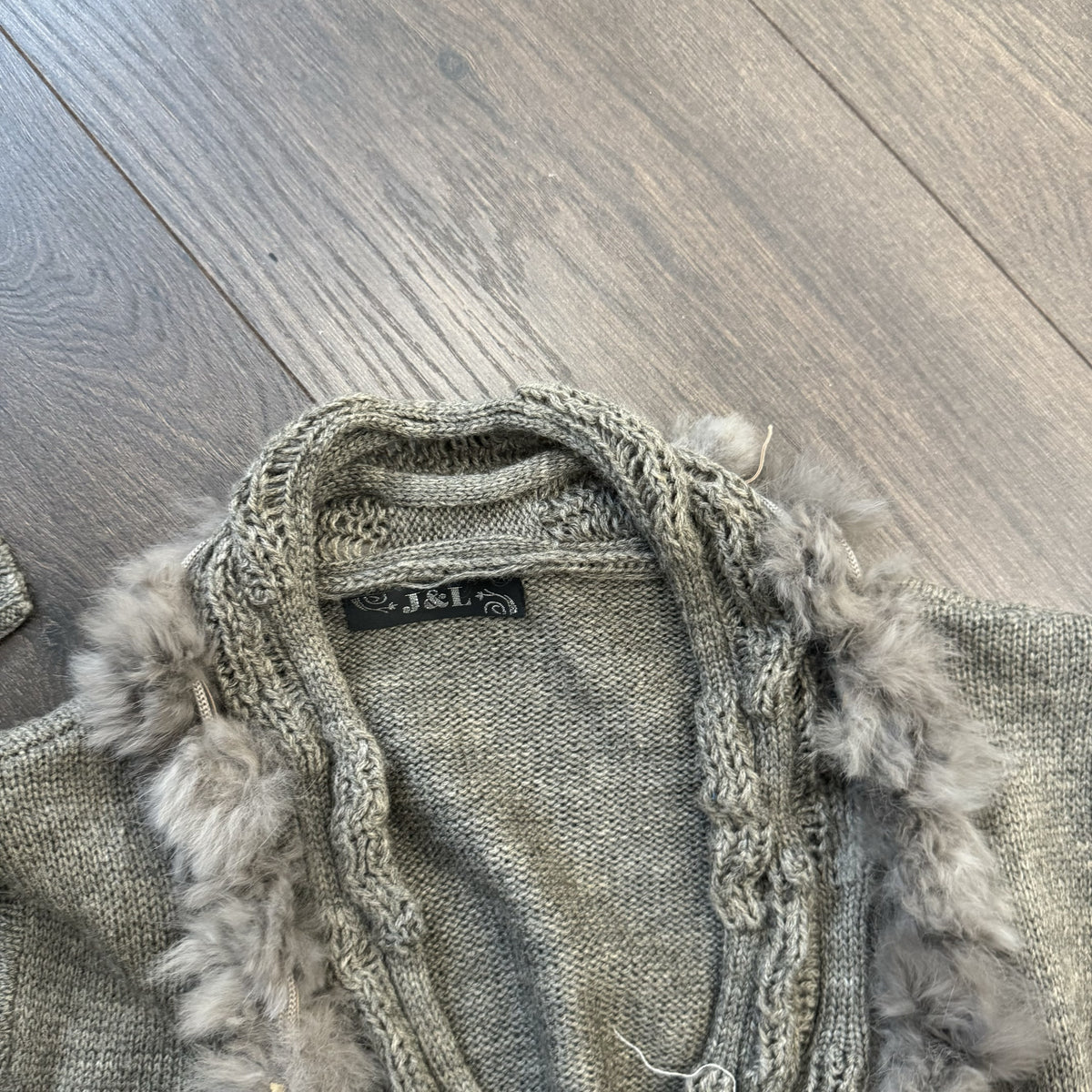 Vintage Grey Rabbit Fur Trim Open Front Tie Up Cardigan – view 7