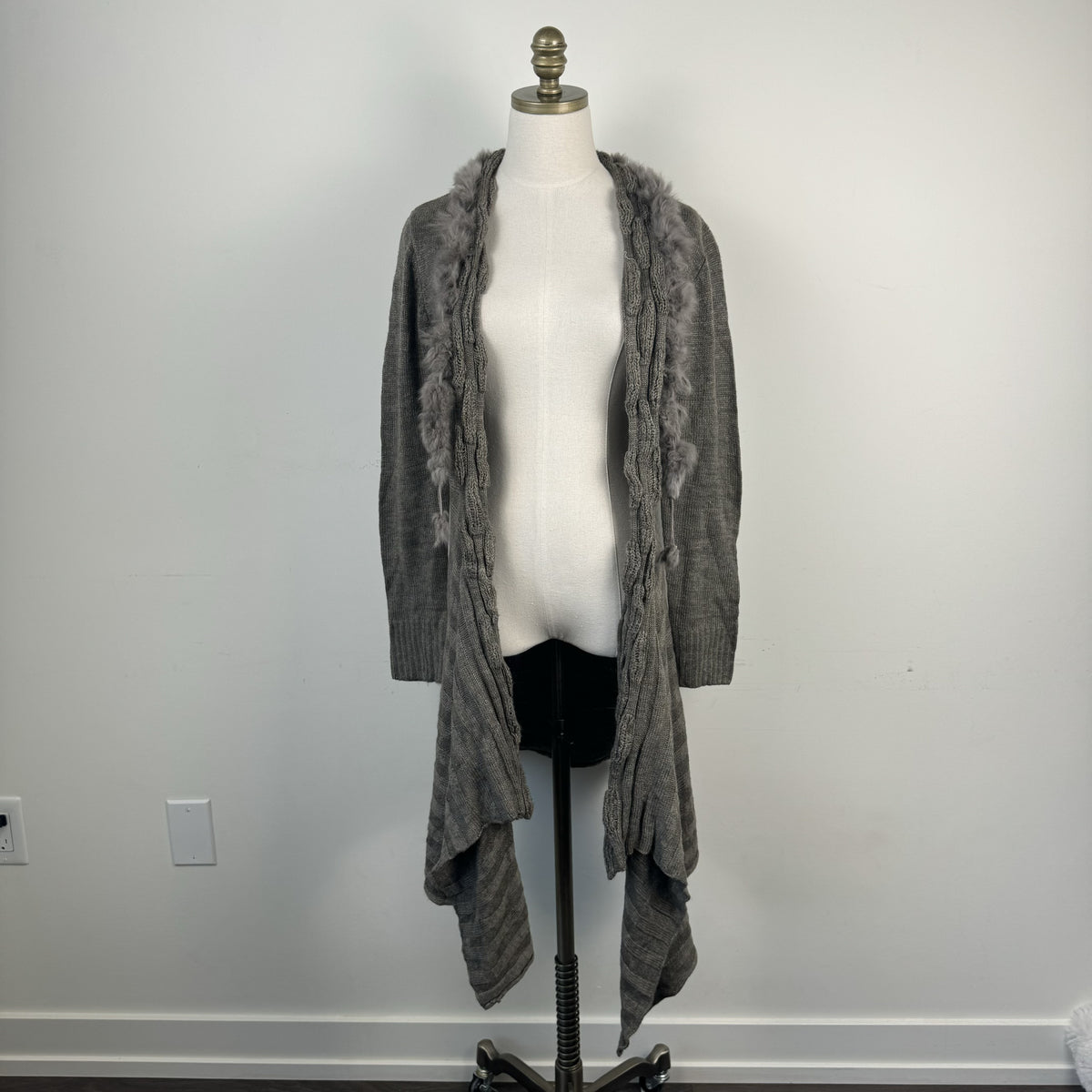 Vintage Grey Rabbit Fur Trim Open Front Tie Up Cardigan