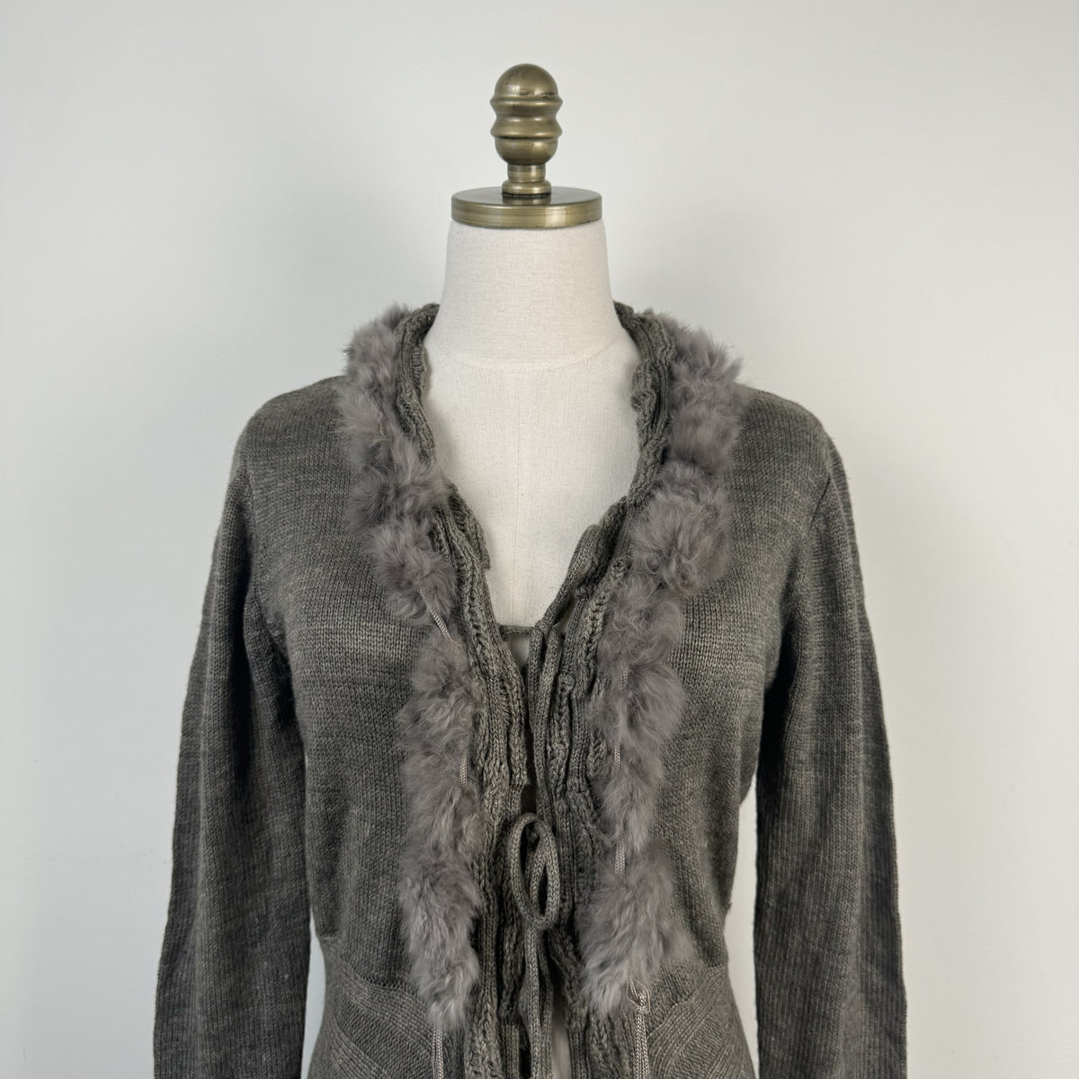 Vintage Grey Rabbit Fur Trim Open Front Tie Up Cardigan – view 9