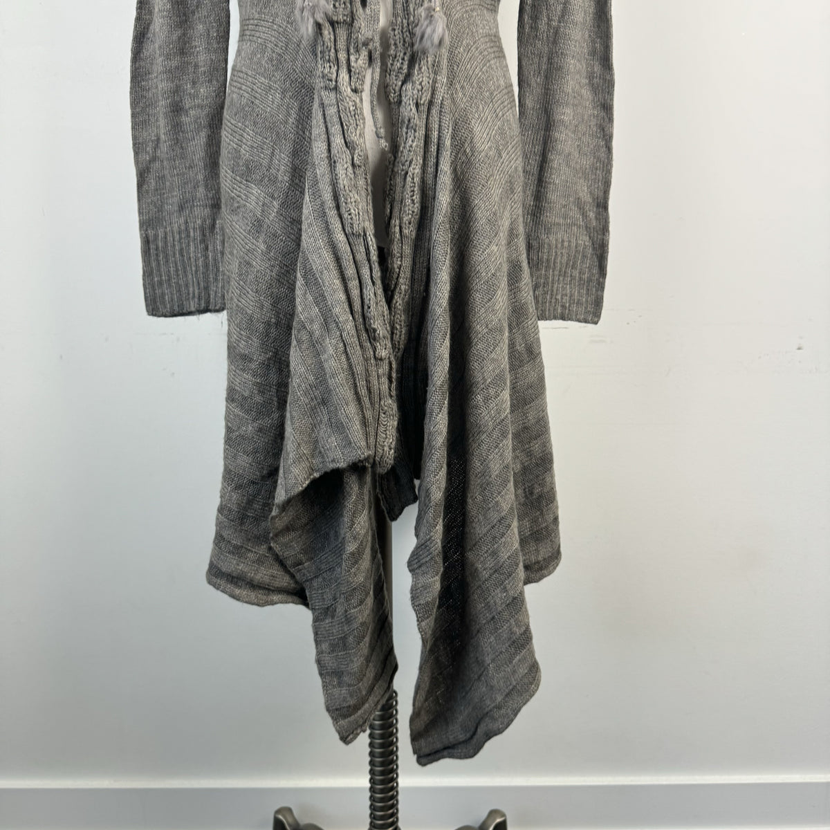 Vintage Grey Rabbit Fur Trim Open Front Tie Up Cardigan – view 3