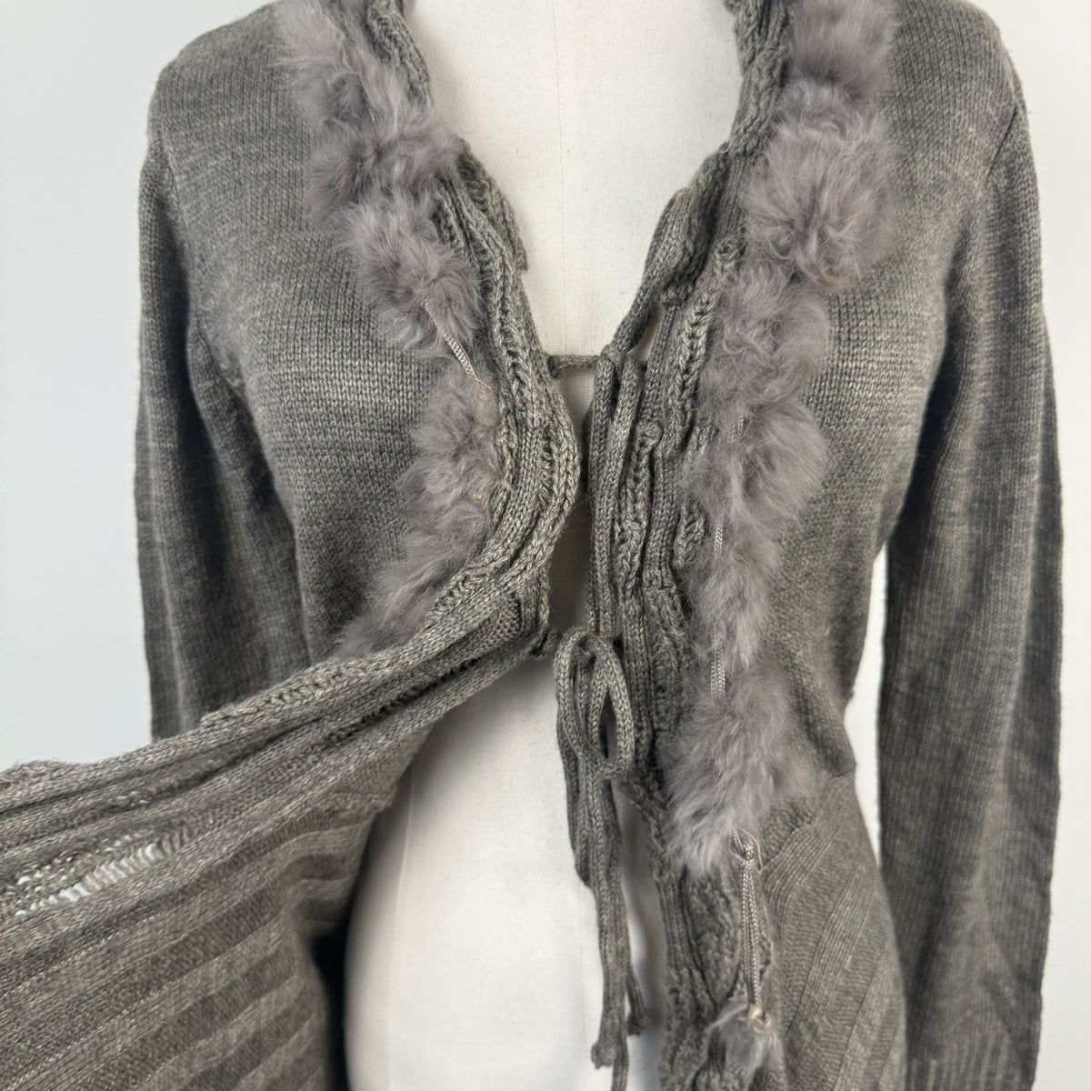 Vintage Grey Rabbit Fur Trim Open Front Tie Up Cardigan – view 10