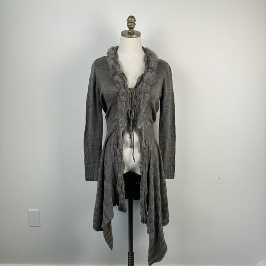 Vintage Grey Rabbit Fur Trim Open Front Tie Up Cardigan – view 4