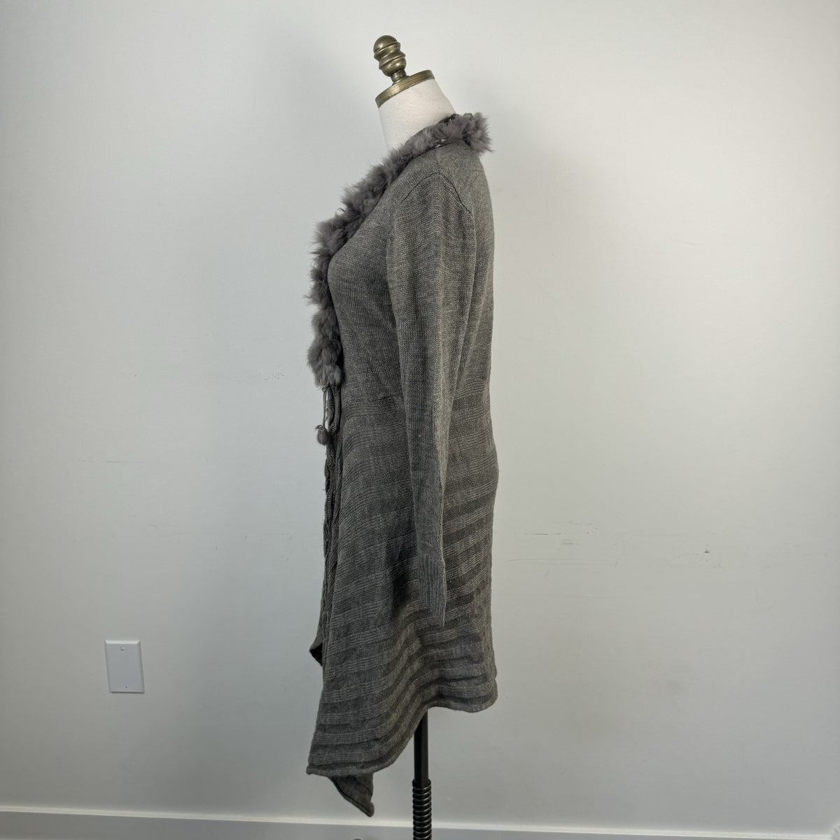 Vintage Grey Rabbit Fur Trim Open Front Tie Up Cardigan – view 5