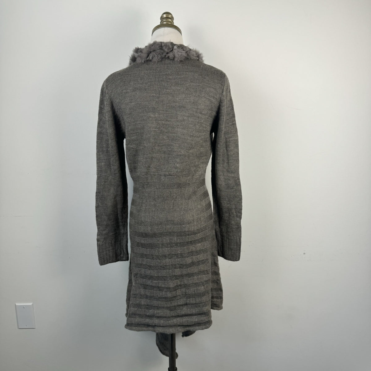 Vintage Grey Rabbit Fur Trim Open Front Tie Up Cardigan – view 6