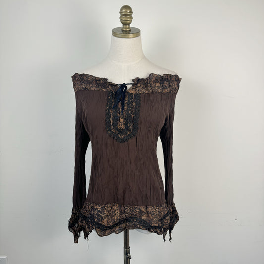 Vintage Brown Off Shoulder Bell Sleeve Tie-Up Fairy Top