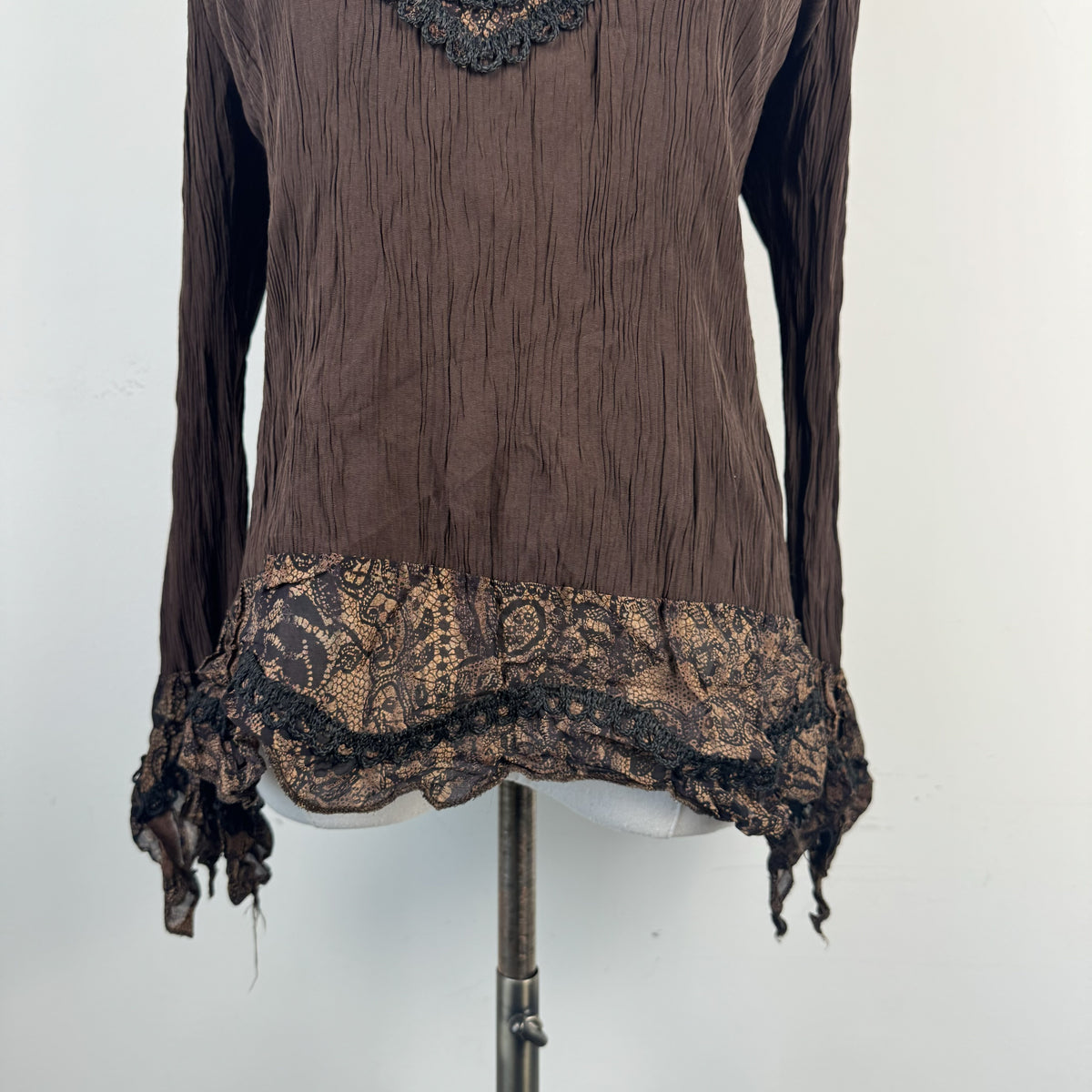 Vintage Brown Off Shoulder Bell Sleeve Tie-Up Fairy Top – view 2
