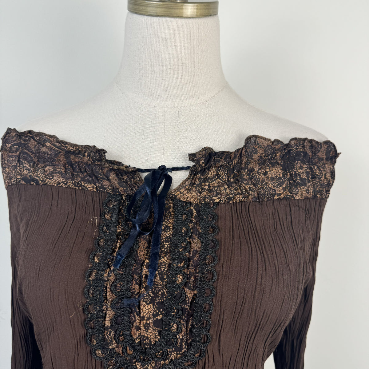 Vintage Brown Off Shoulder Bell Sleeve Tie-Up Fairy Top – view 8