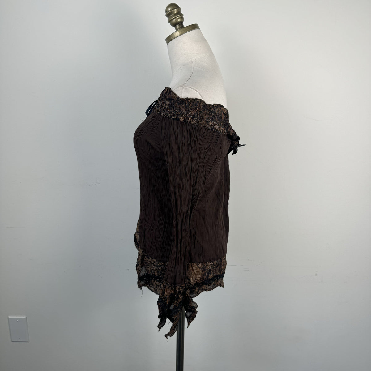 Vintage Brown Off Shoulder Bell Sleeve Tie-Up Fairy Top – view 3