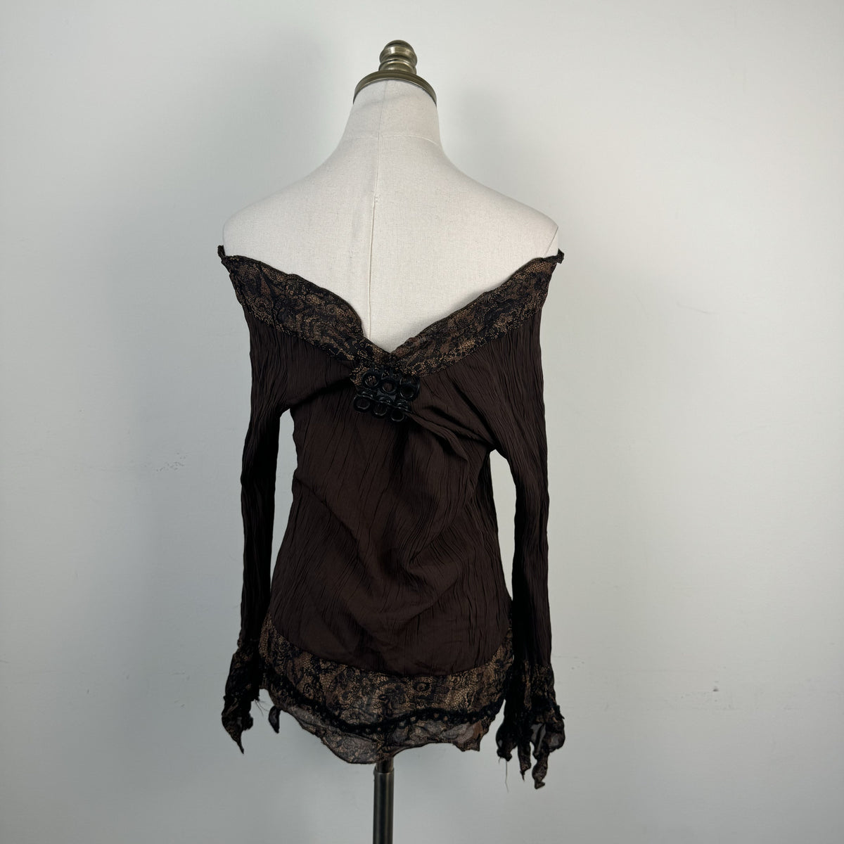 Vintage Brown Off Shoulder Bell Sleeve Tie-Up Fairy Top – view 4