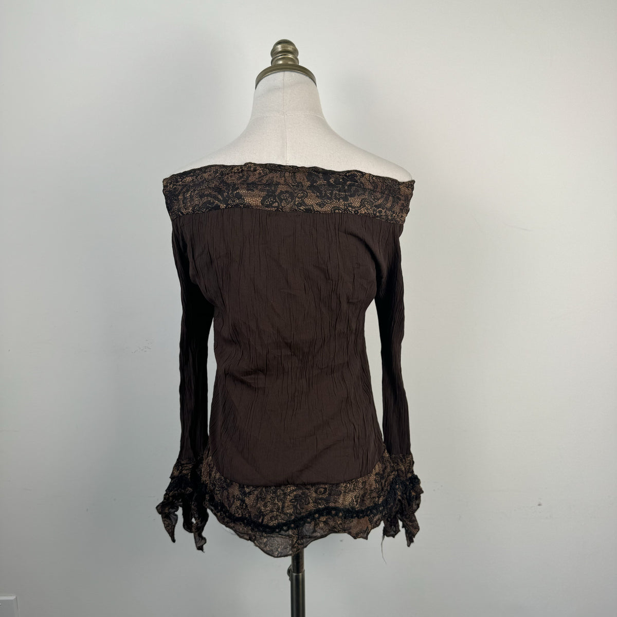 Vintage Brown Off Shoulder Bell Sleeve Tie-Up Fairy Top – view 5
