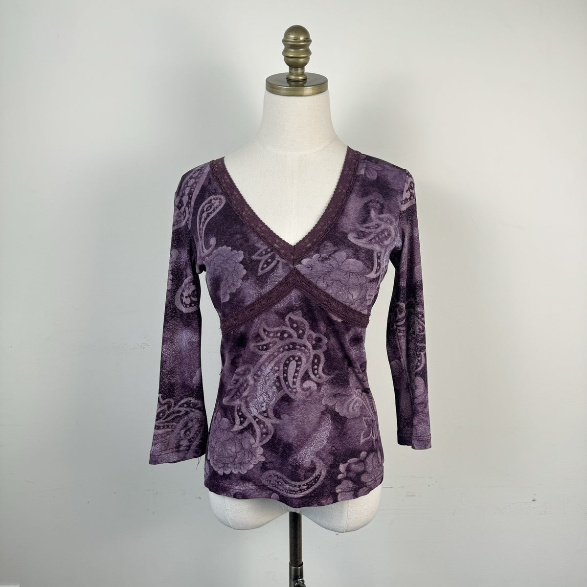 Vintage Floral Mesh Babydoll Lace Trim 3/4 Sleeve Top