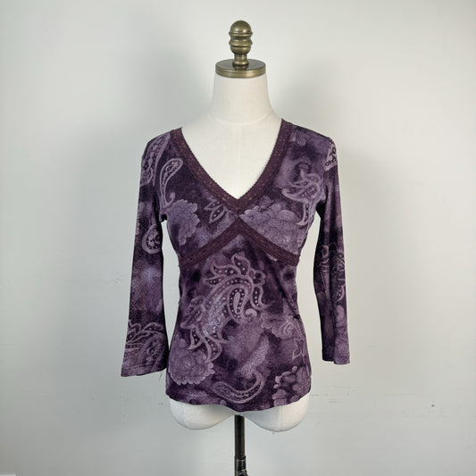 Vintage Floral Mesh Babydoll Lace Trim 3/4 Sleeve Top
