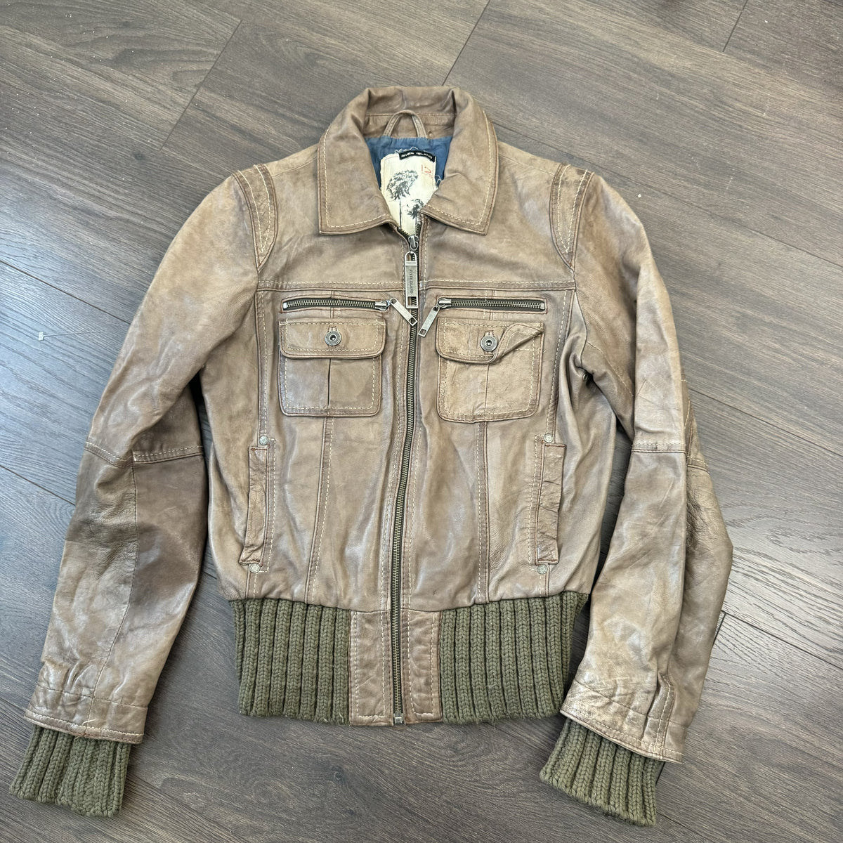 Vintage River Island Brown Genuine Leather Knit Detail Zip Jacket – view 9