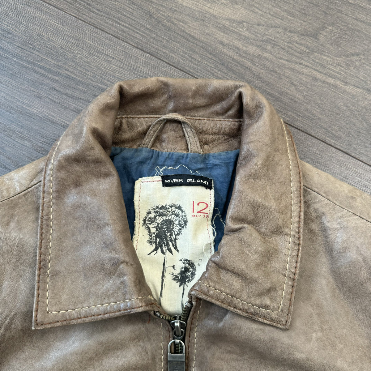 Vintage River Island Brown Genuine Leather Knit Detail Zip Jacket – view 5