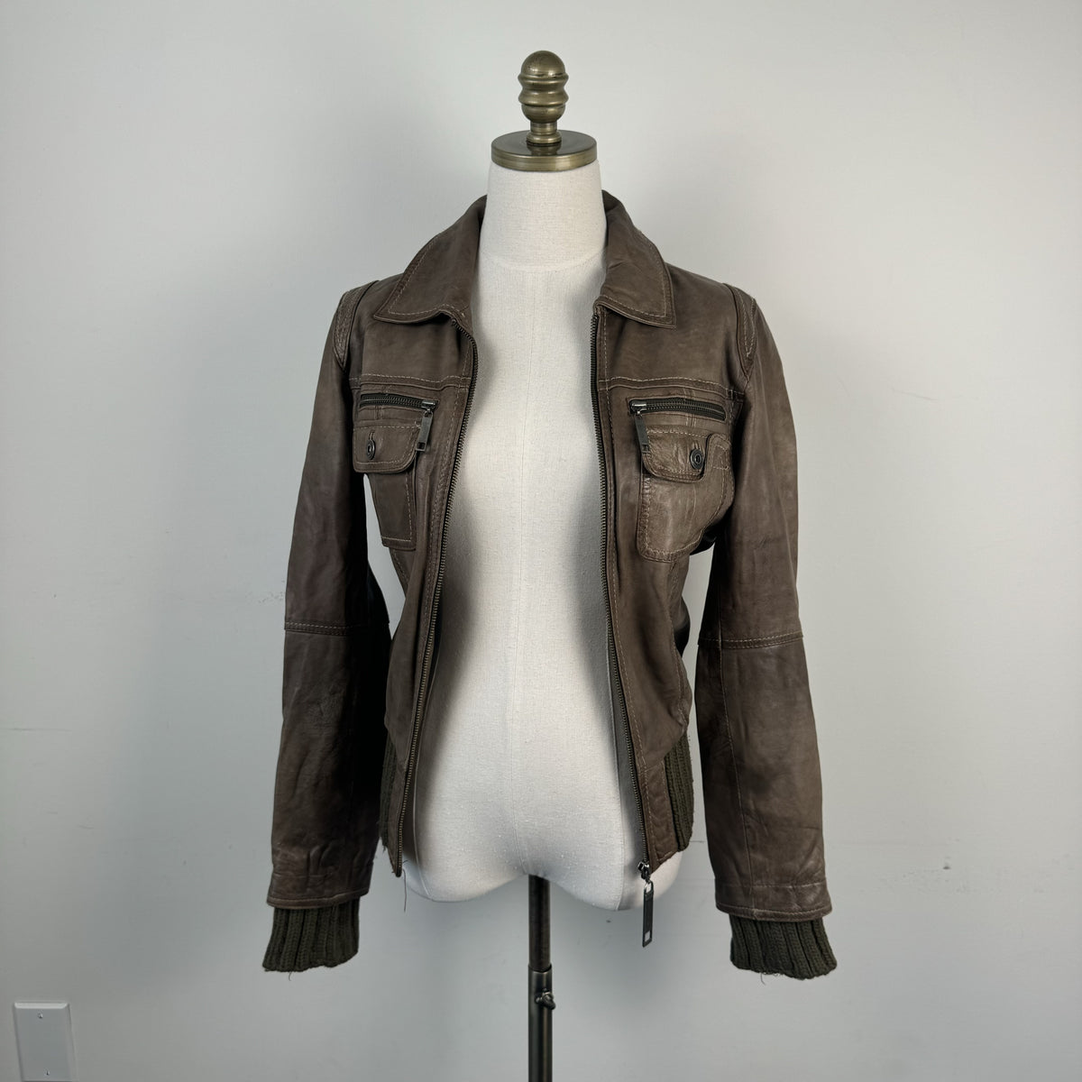 Vintage River Island Brown Genuine Leather Knit Detail Zip Jacket