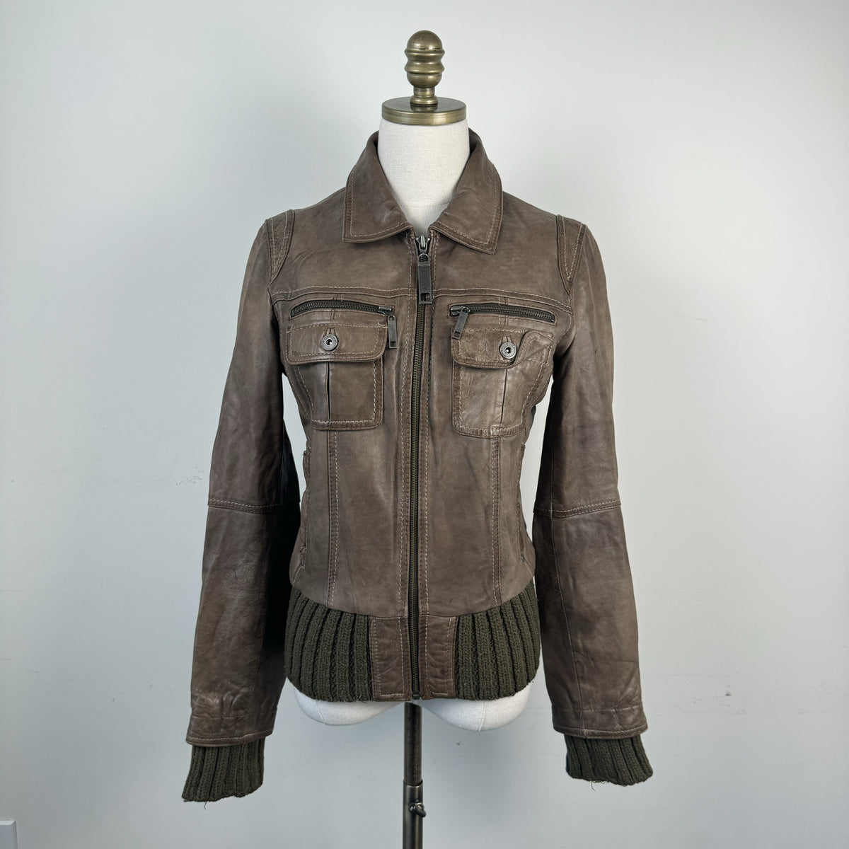 Vintage River Island Brown Genuine Leather Knit Detail Zip Jacket – view 2