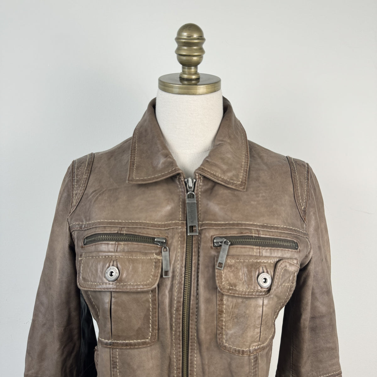 Vintage River Island Brown Genuine Leather Knit Detail Zip Jacket – view 6